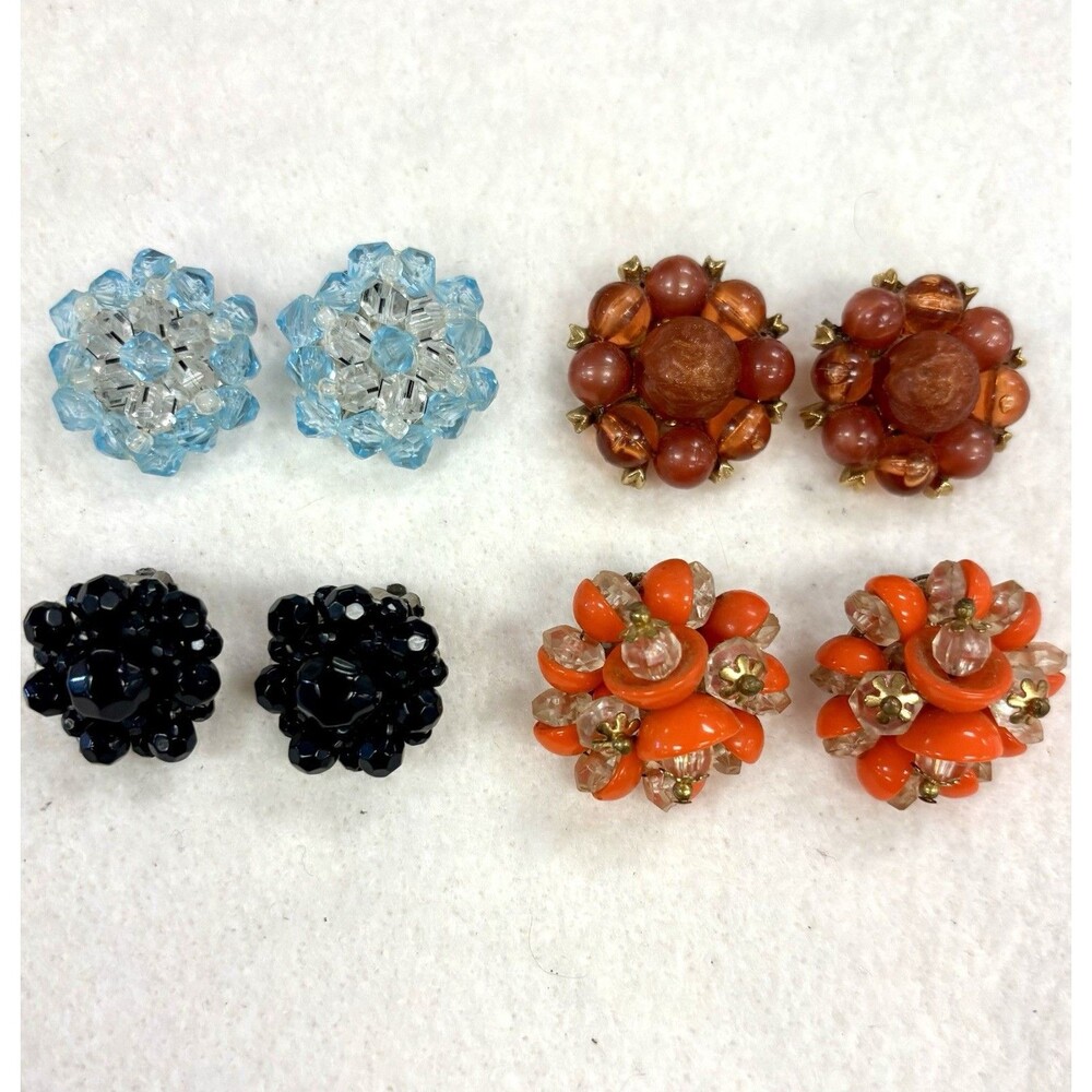 Vintage Clip On Earrings Lot W Germany Beaded Cluster Mid Century Mod 4 Pair